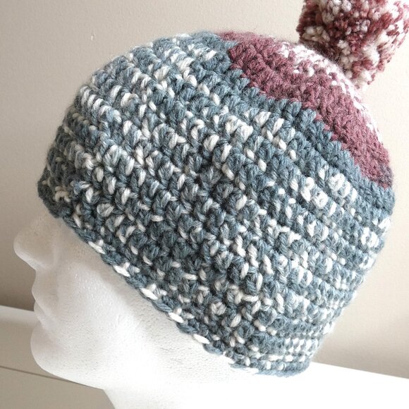 Wool Beanie OS 8" Skull Cap Unisex Handmade Crochet Hand Knit Winter Warm w/ Pom - Picture 2 of 9